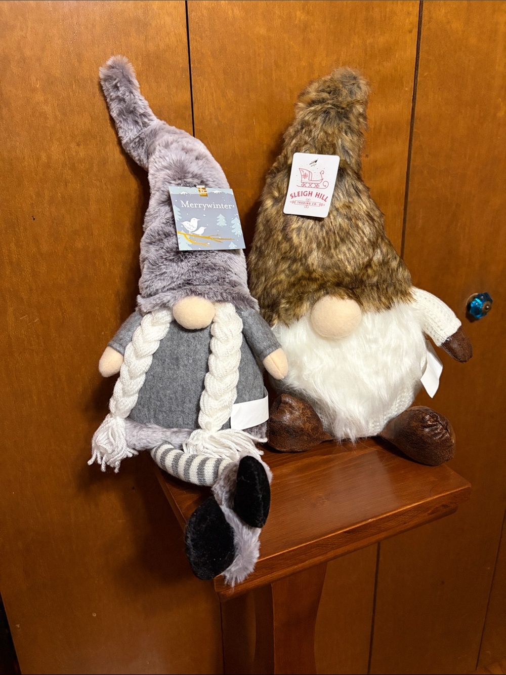 Two Plush Gnome - One with Brown Faux Fur Hat & one with pigtails and gray fuzzy